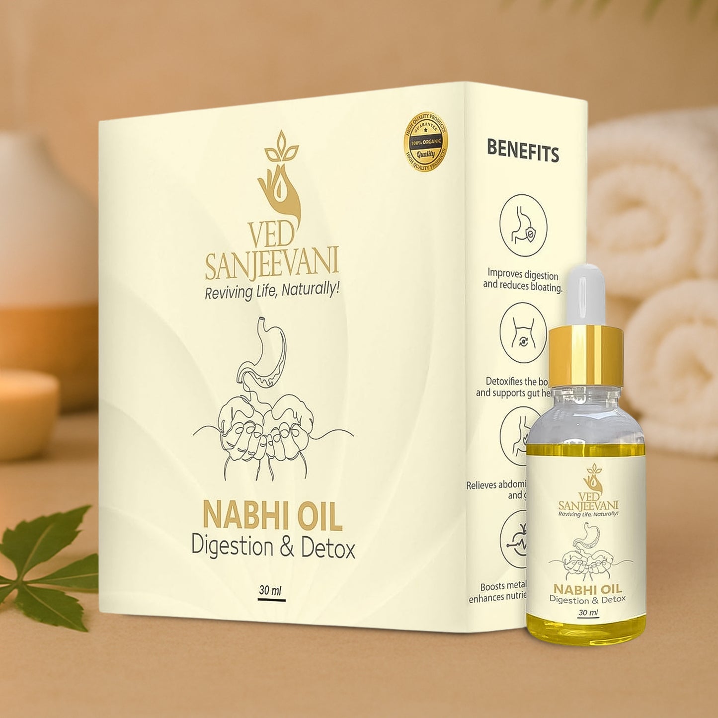 Wukusy Ved Sanjeevani Ayurvedic Nabhi Oil for digestion and detox, 30ml bottle, natural health care product.