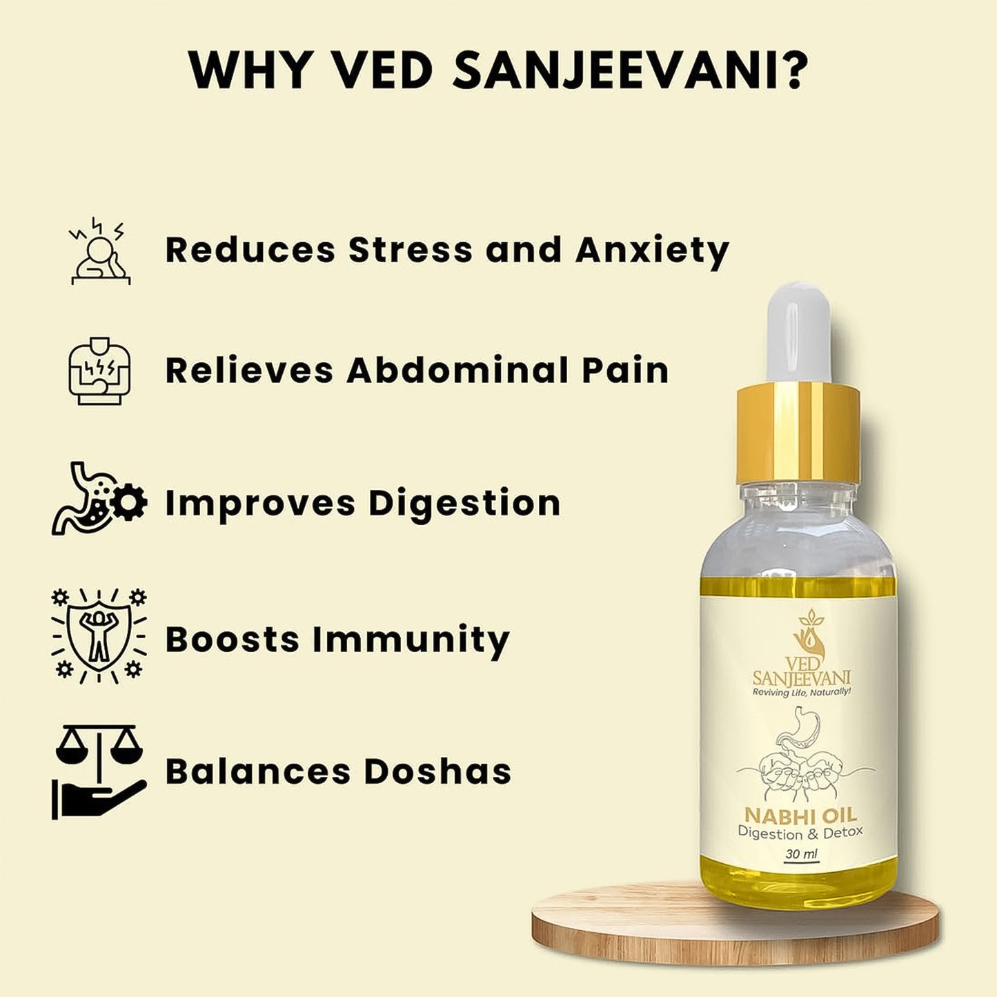 Wukusy Ved Sanjeevani Ayurvedic Nabhi Oil for digestion and detox, 30ml bottle with dropper cap.