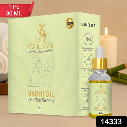 Wukusy Ved Sanjeevani Nabhi Oil for joint pain relief in a 30ml bottle, featuring a dropper and health care packaging.