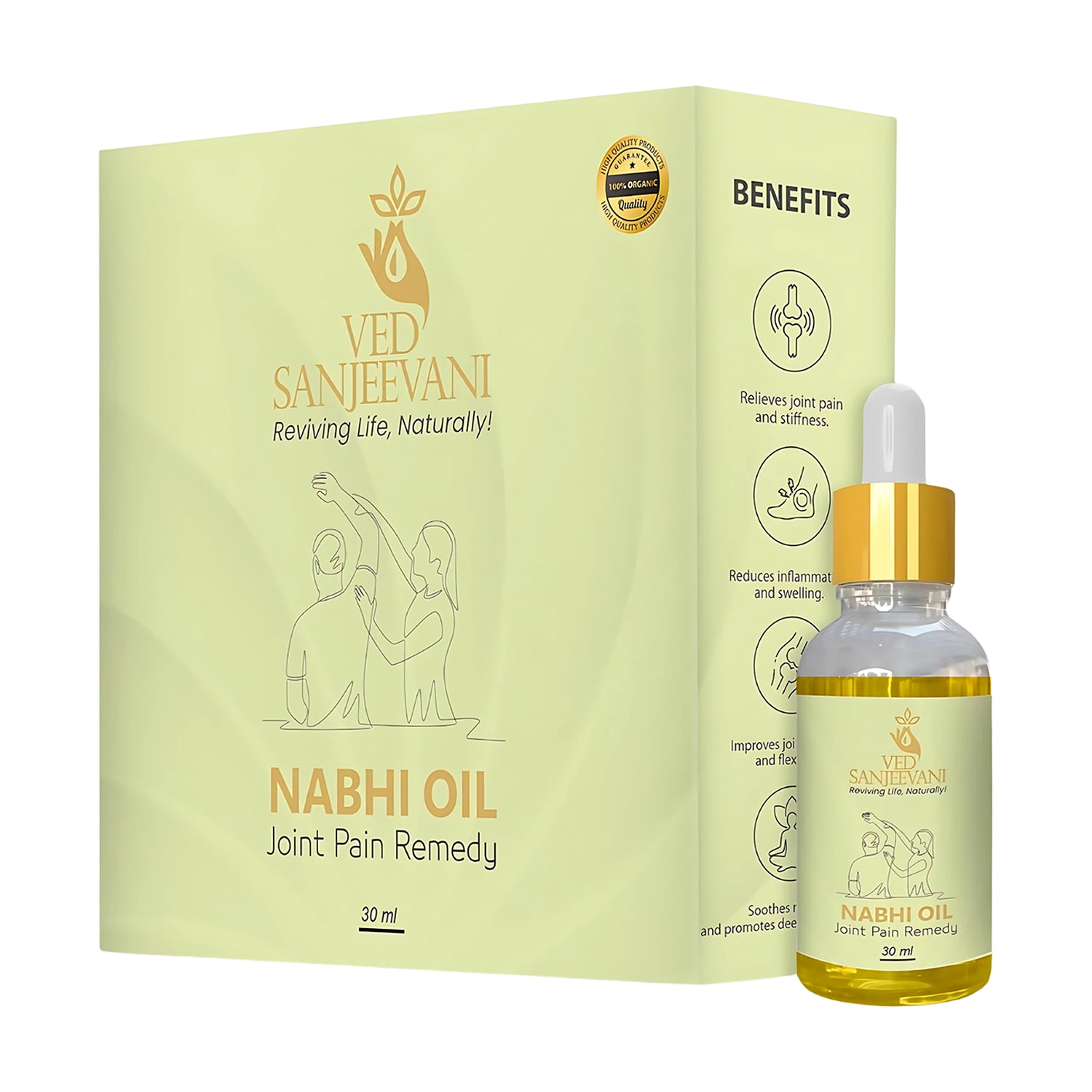 Wukusy Ved Sanjeevani Nabhi Oil for joint pain relief in a 30ml bottle, featuring a dropper cap and herbal label.