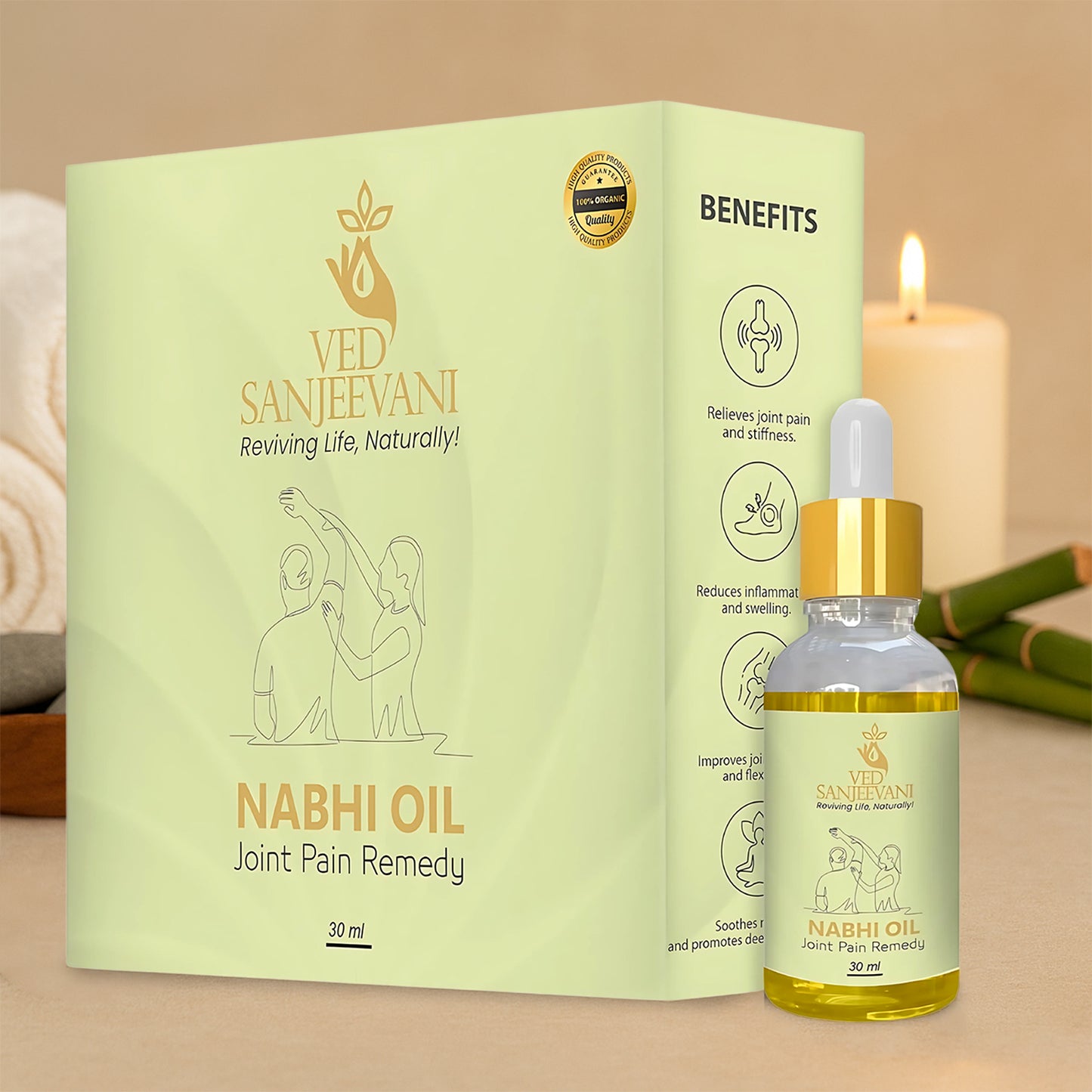 Wukusy Ved Sanjeevani Nabhi Oil for joint pain relief in a 30ml bottle, health care product with dropper cap.