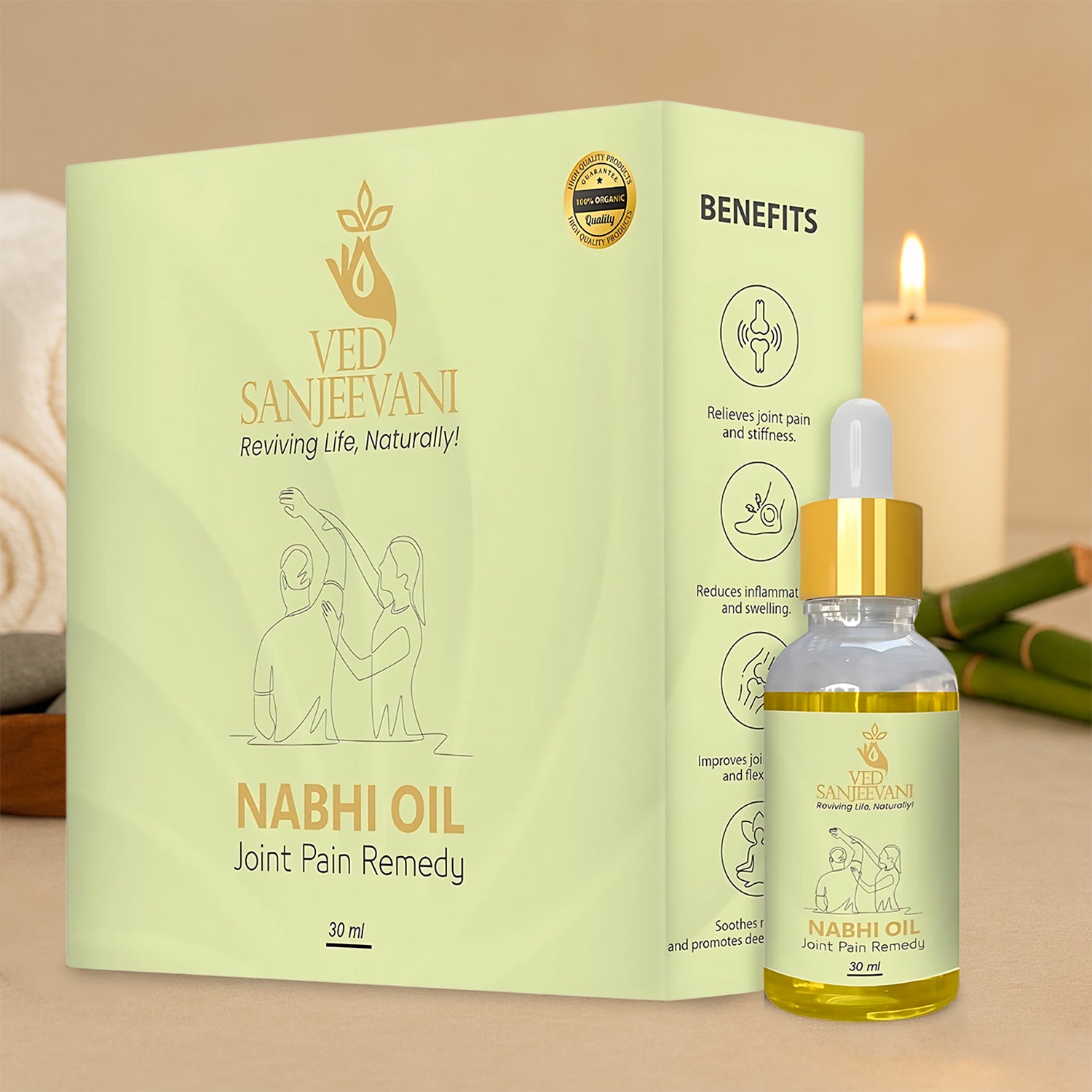 Wukusy Ved Sanjeevani Nabhi Oil for joint pain relief in a 30ml bottle, health care product with dropper cap.
