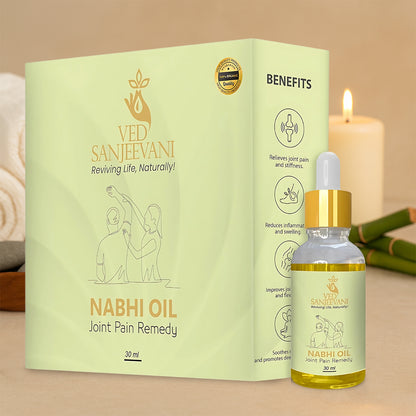 Wukusy Ved Sanjeevani Nabhi Oil for joint pain relief in a 30ml bottle, health care product with dropper cap.
