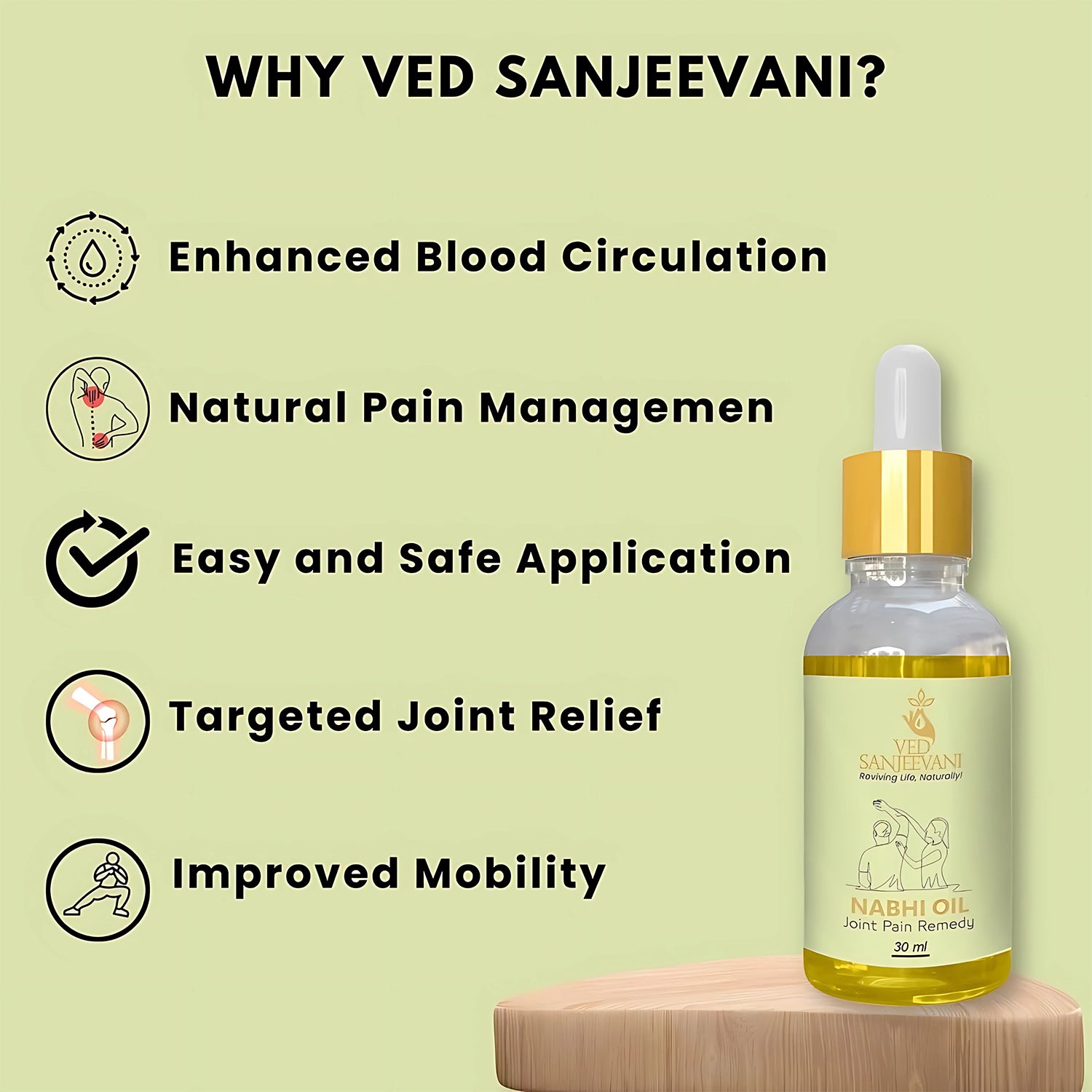 Wukusy Ved Sanjeevani Nabhi Oil in a 30ml bottle, designed for joint pain relief, with the oil shown in the image.