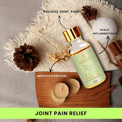 Wukusy Ved Sanjeevani Nabhi Oil for joint pain relief in a 30ml bottle, shown with the oil and packaging.