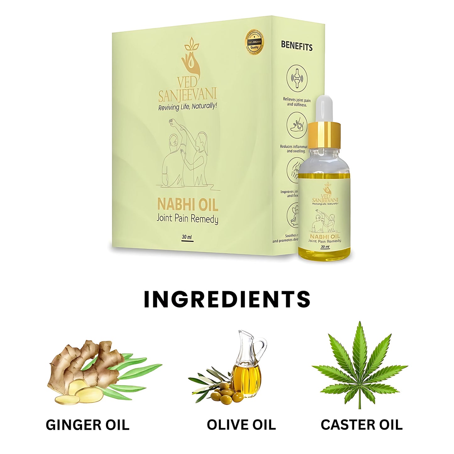 Wukusy Ved Sanjeevani Nabhi Oil for joint pain relief in a 30ml bottle, featuring a dropper cap and health care branding.