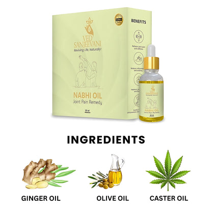 Wukusy Ved Sanjeevani Nabhi Oil for joint pain relief in a 30ml bottle, featuring a dropper cap and health care branding.