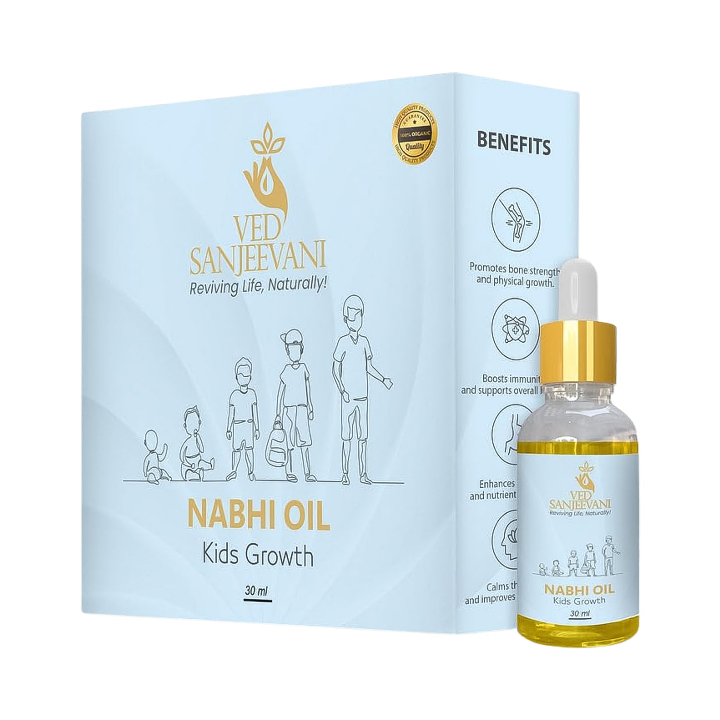 Wukusy Ved Sanjeevani Nabhi Oil for Kids Growth, 30ml health care product showing the bottle and packaging.