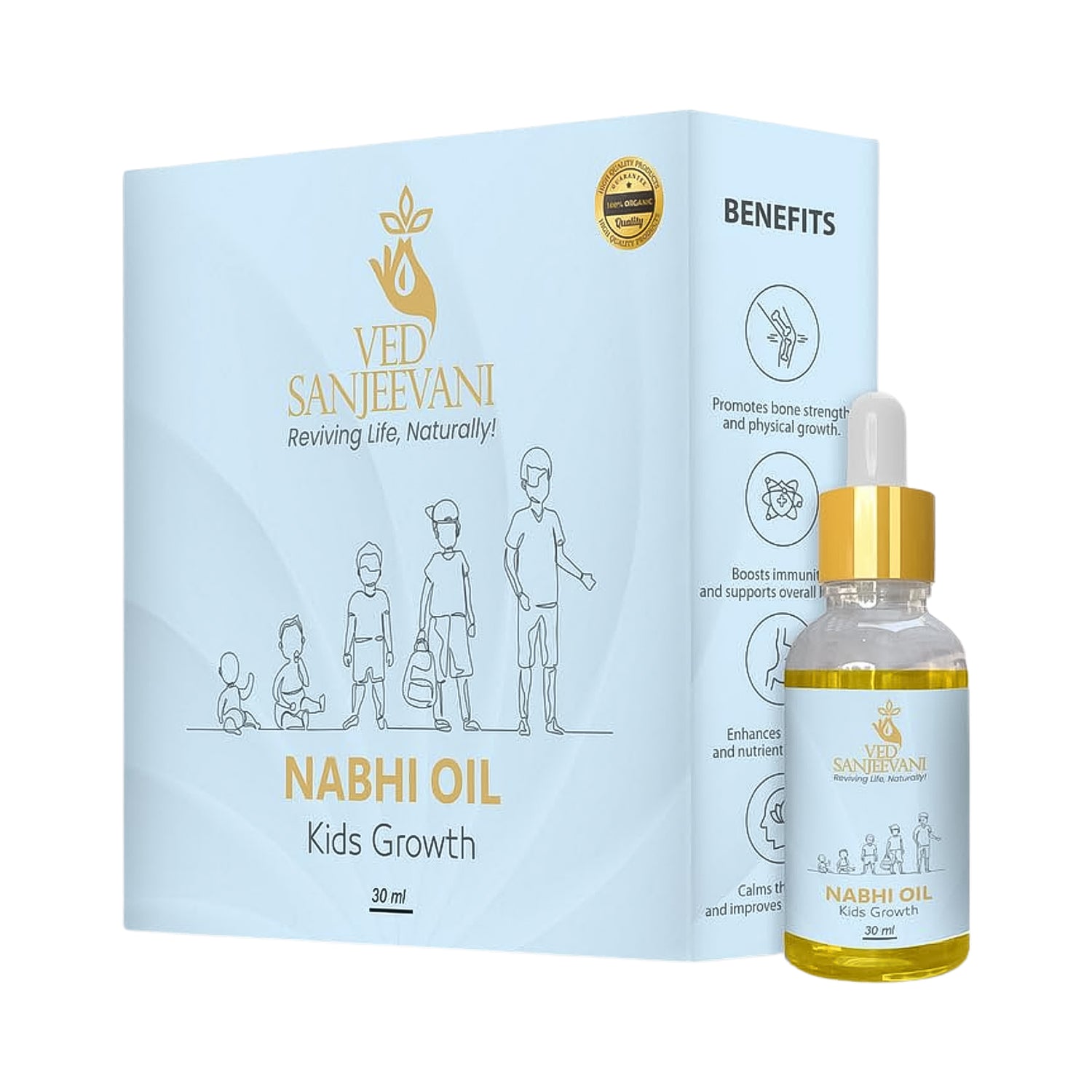 Wukusy Ved Sanjeevani Nabhi Oil for Kids Growth, 30ml health care product showing the bottle and packaging.
