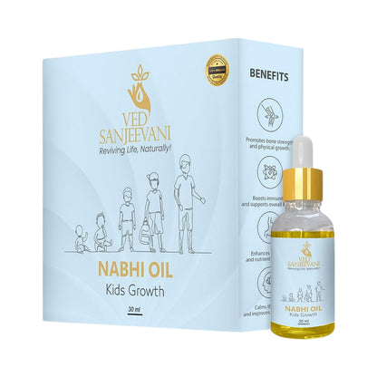 Wukusy Ved Sanjeevani Nabhi Oil for Kids Growth, 30ml health care product showing the bottle and packaging.
