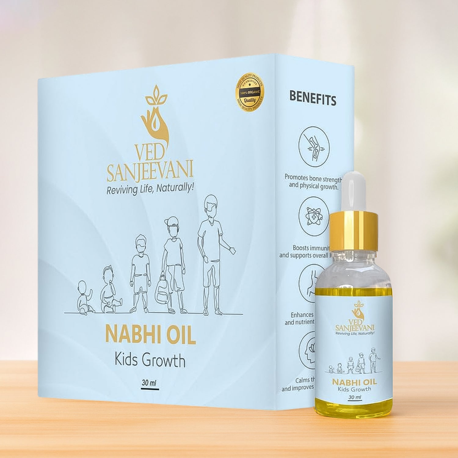 Wukusy Ved Sanjeevani Nabhi Oil for Kids Growth, 30ml health care product, featuring the oil bottle with label and cap.