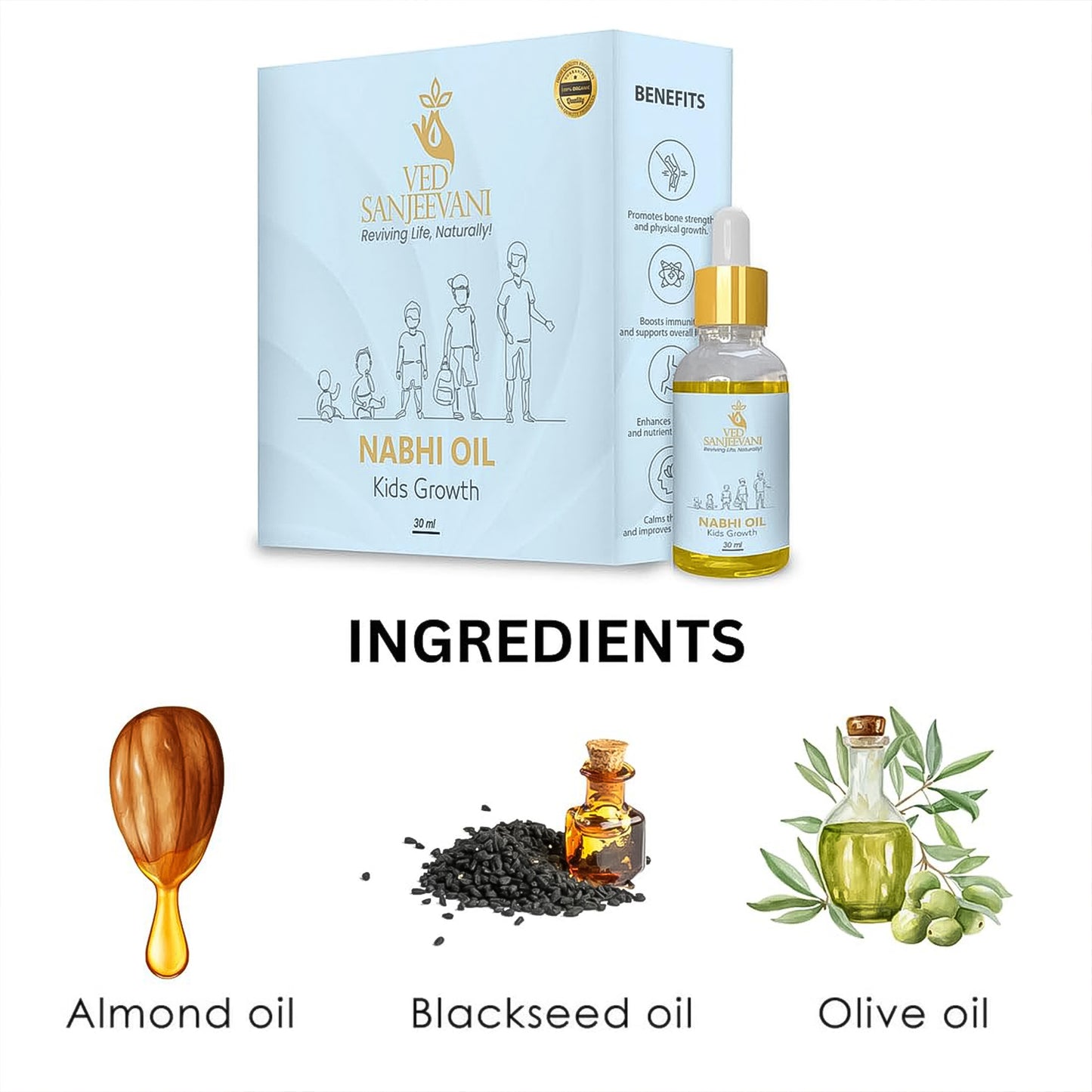 Wukusy Ved Sanjeevani Nabhi Oil for Kids Growth in 30ml bottle, health care product for children's development and wellness.