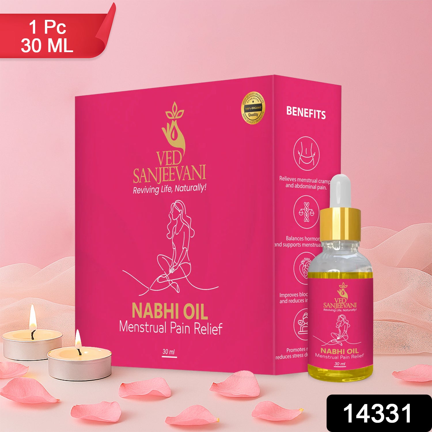 Wukusy Ved Sanjeevani Nabhi Oil for menstrual pain relief, 30ml bottle, health care product for women’s menstrual discomfort relief.