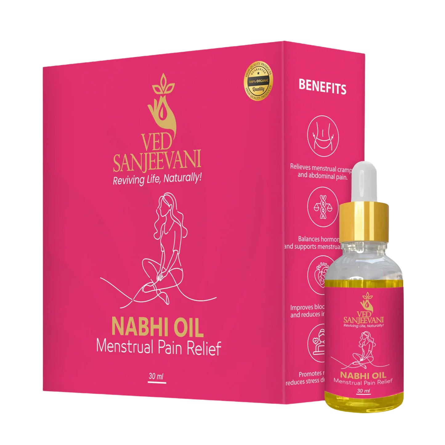 Wukusy Ved Sanjeevani Nabhi Oil for menstrual pain relief, 30ml bottle, health care product designed to ease menstrual discomfort.