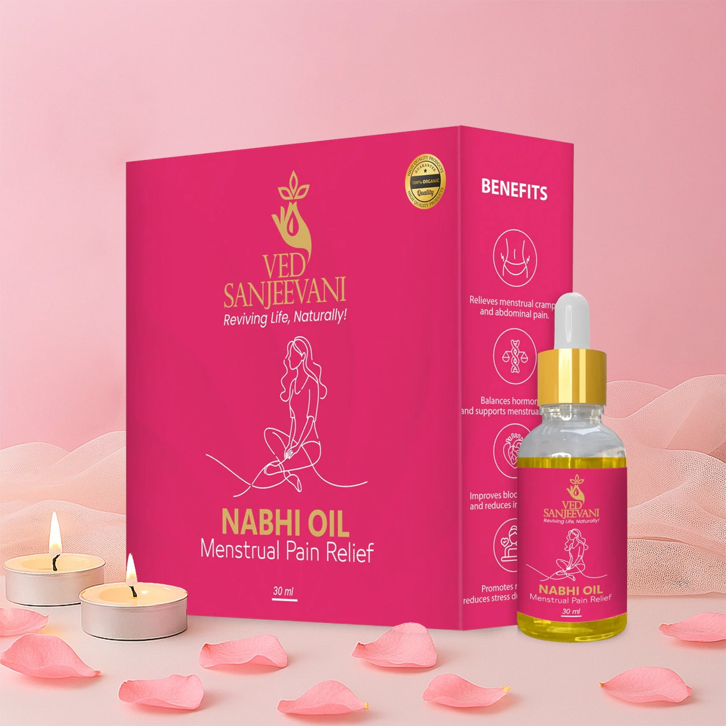 Wukusy Ved Sanjeevani Nabhi Oil for menstrual pain relief, 30ml bottle, health care product for women.