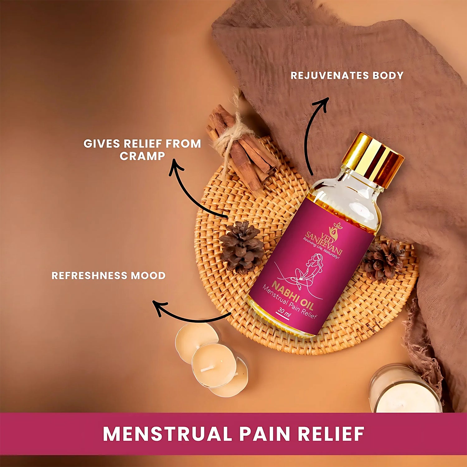 Wukusy Ved Sanjeevani Nabhi Oil for menstrual pain relief in a 30ml bottle, health care product for women.