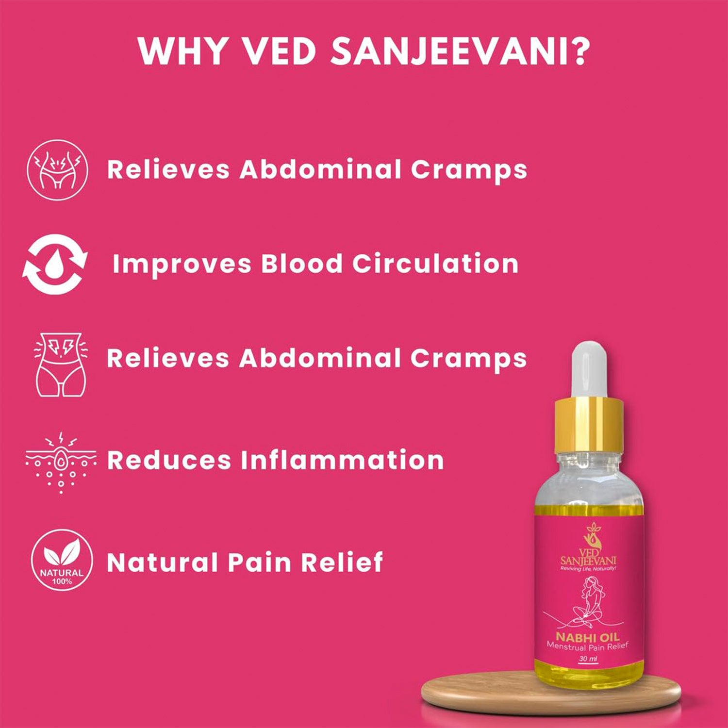 Wukusy Ved Sanjeevani Nabhi Oil for menstrual pain relief in 30ml bottle, health care product for women’s comfort and wellness.