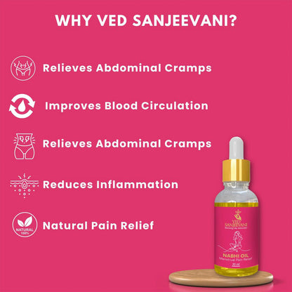 Wukusy Ved Sanjeevani Nabhi Oil for menstrual pain relief in 30ml bottle, health care product for women’s comfort and wellness.