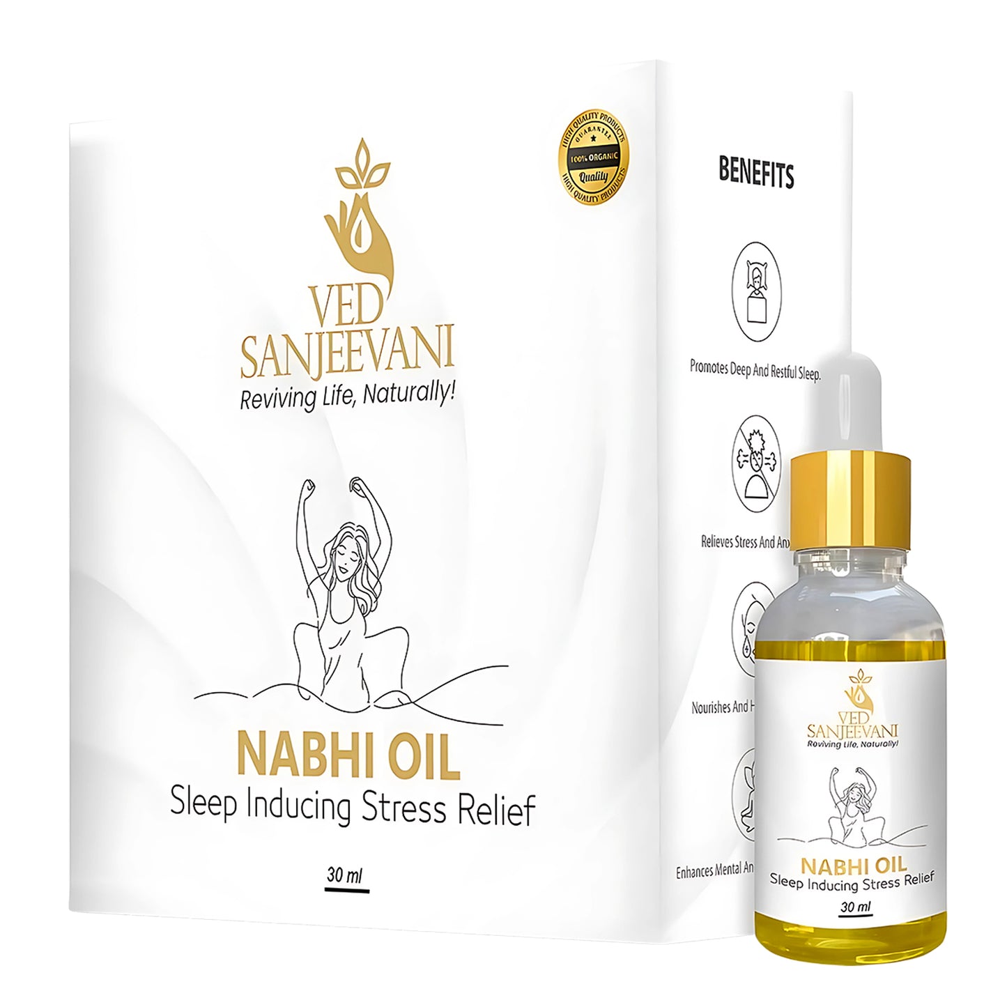 Wukusy Ved Sanjeevani Nabhi Oil for sleep and stress relief in 30ml bottle, health care product with dropper cap.