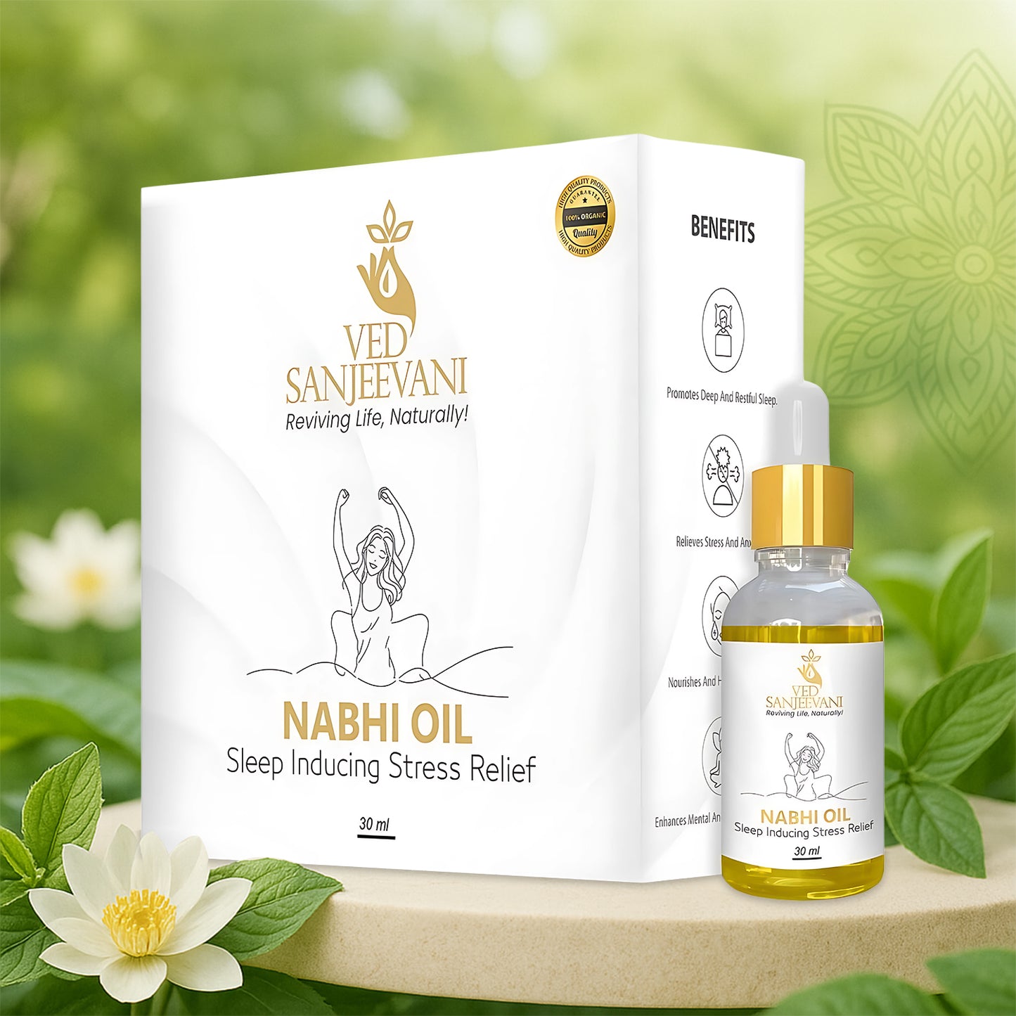 Wukusy Ved Sanjeevani Nabhi Oil 30ml for sleep induction and stress relief, health care product with dropper applicator.