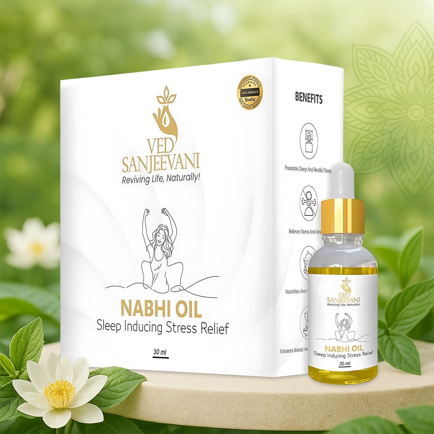 Wukusy Ved Sanjeevani Nabhi Oil 30ml for sleep induction and stress relief, health care product with dropper applicator.