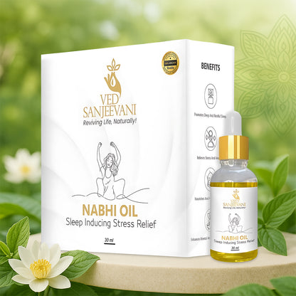 Wukusy Ved Sanjeevani Nabhi Oil 30ml for sleep induction and stress relief, health care product with dropper applicator.