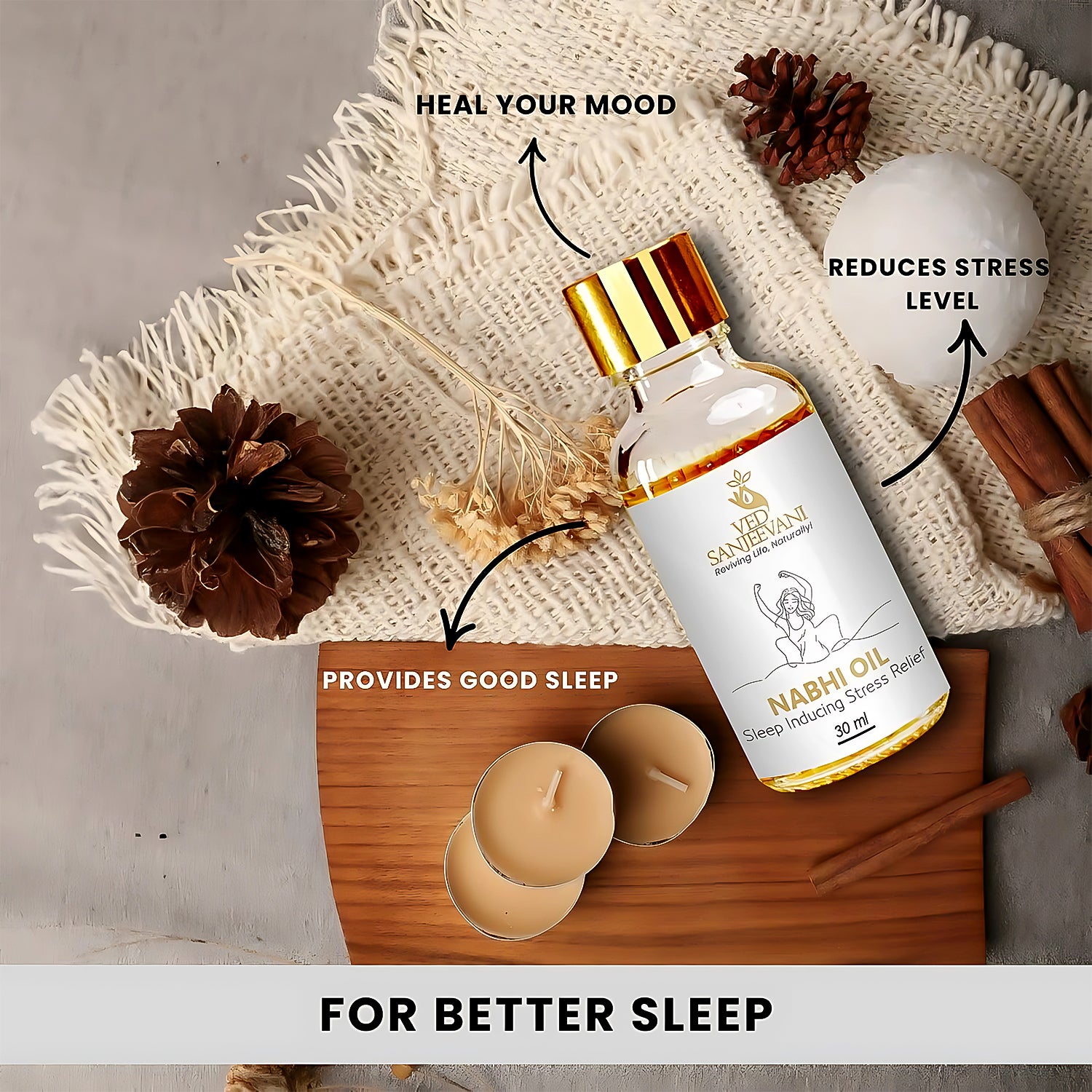 Wukusy Ved Sanjeevani Nabhi Oil for sleep and stress relief, 30ml bottle, health care product with dropper cap.