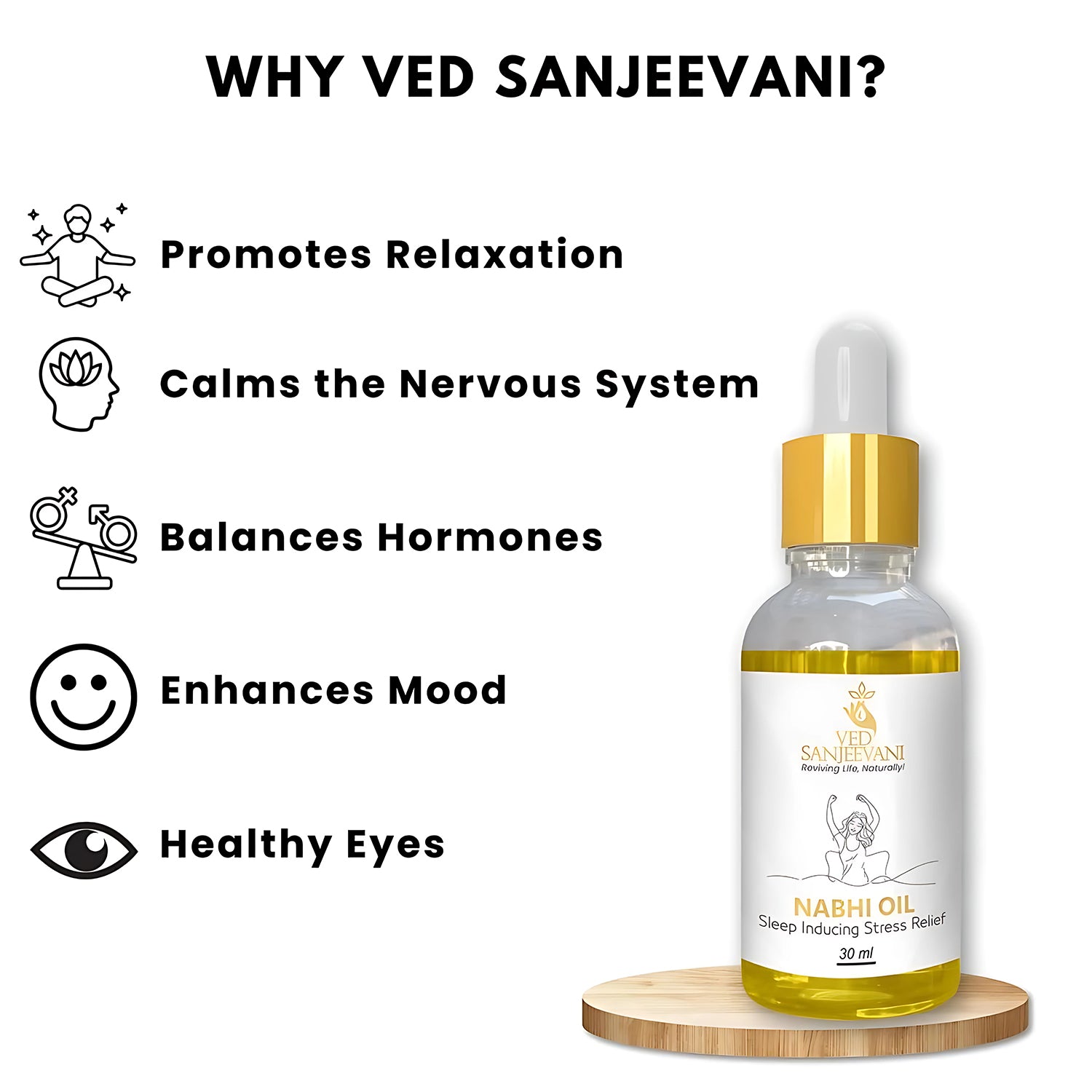 Wukusy Ved Sanjeevani Nabhi Oil for sleep and stress relief, 30ml health care product with dropper bottle showing on white background.