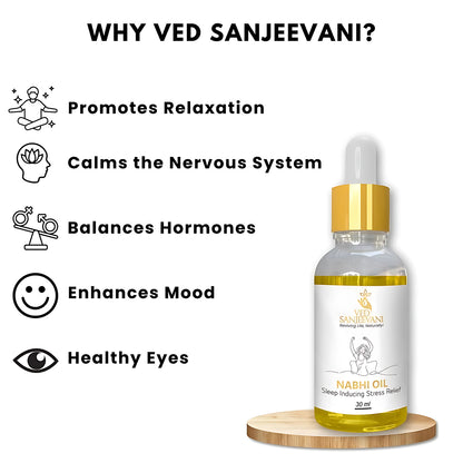 Wukusy Ved Sanjeevani Nabhi Oil for sleep and stress relief, 30ml health care product with dropper bottle showing on white background.
