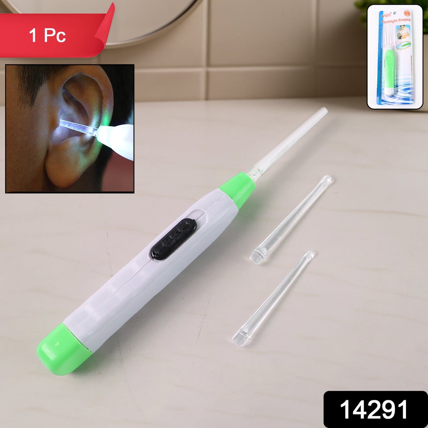 White LED flashlight earpick with tweezer from Wukusy, a health care tool for ear cleaning with built-in light and precision tip.