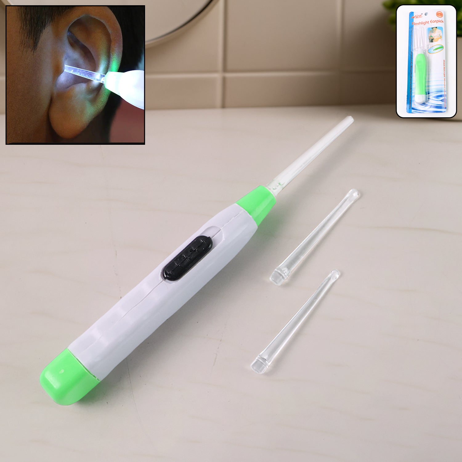 White LED flashlight earpick with tweezer from Wukusy, a health care tool for safe ear cleaning and precision removal.