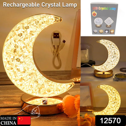 Wukusy moon-shaped crystal table lamp with touch control, 3 colors, stepless dimming, USB charging, ideal for kids' bedrooms or nightstands.