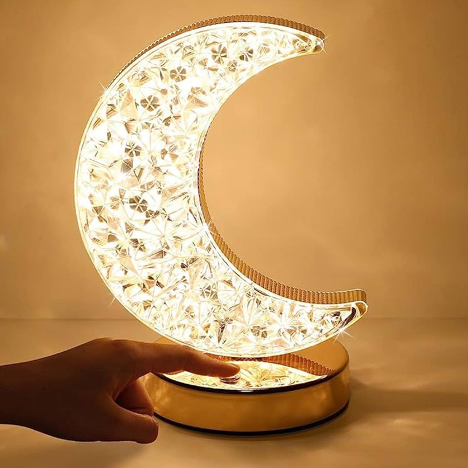 Wukusy moon-shaped crystal table lamp with touch control, 3 color options, metal base, stepless dimming, USB charging for kids' bedroom.