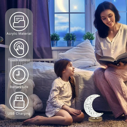 Wukusy moon-shaped crystal table lamp with touch control, three color options, metal base, for kids' bedroom nightstand or home decor.