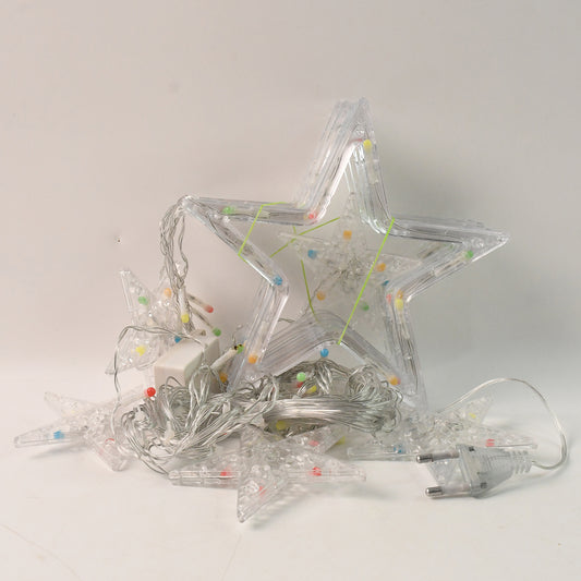 Multicolor Wukusy 12-stars LED curtain string lights with 8 flashing modes, perfect for indoor and outdoor home festival and holiday decor.