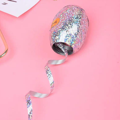 Wukusy curling balloon ribbon roll for gift wrapping, balloons, and crafts, featuring shiny metallic finish for home decor projects.