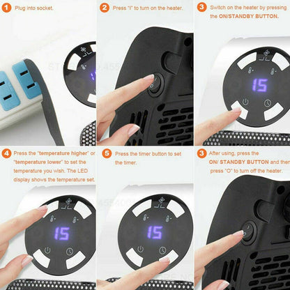 Wukusy portable electric mini fan heater on a desktop, compact household space heater for home comfort and warmth.