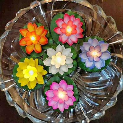 Set of 6 Wukusy water-floating smokeless candles with lotus flower design, sensor LED tealights for indoor and outdoor home decor.