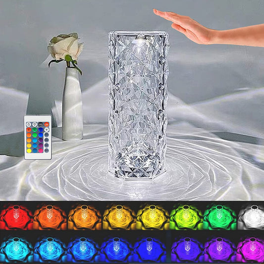 Wukusy Crystal Touch Night Light with 16 color options, rose diamond design, remote control, USB-powered for bedroom or dining decor.