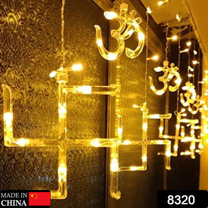 Wukusy Swastik Om curtain string lights with 12 hanging props, 138 LED decorative lights for Diwali home decor, bedroom, and balcony.