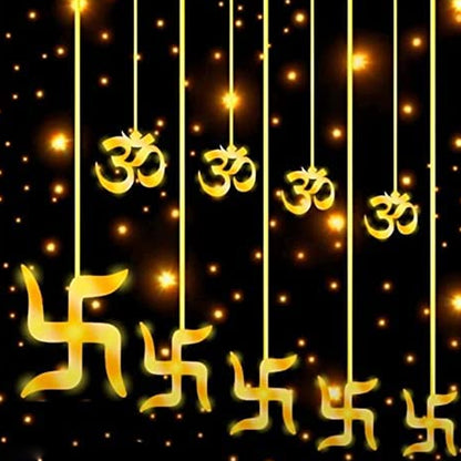 Wukusy Swastik Om decorative string lights with 12 hanging props, 138 LED bulbs, for home decor, bedroom, and balcony lighting.