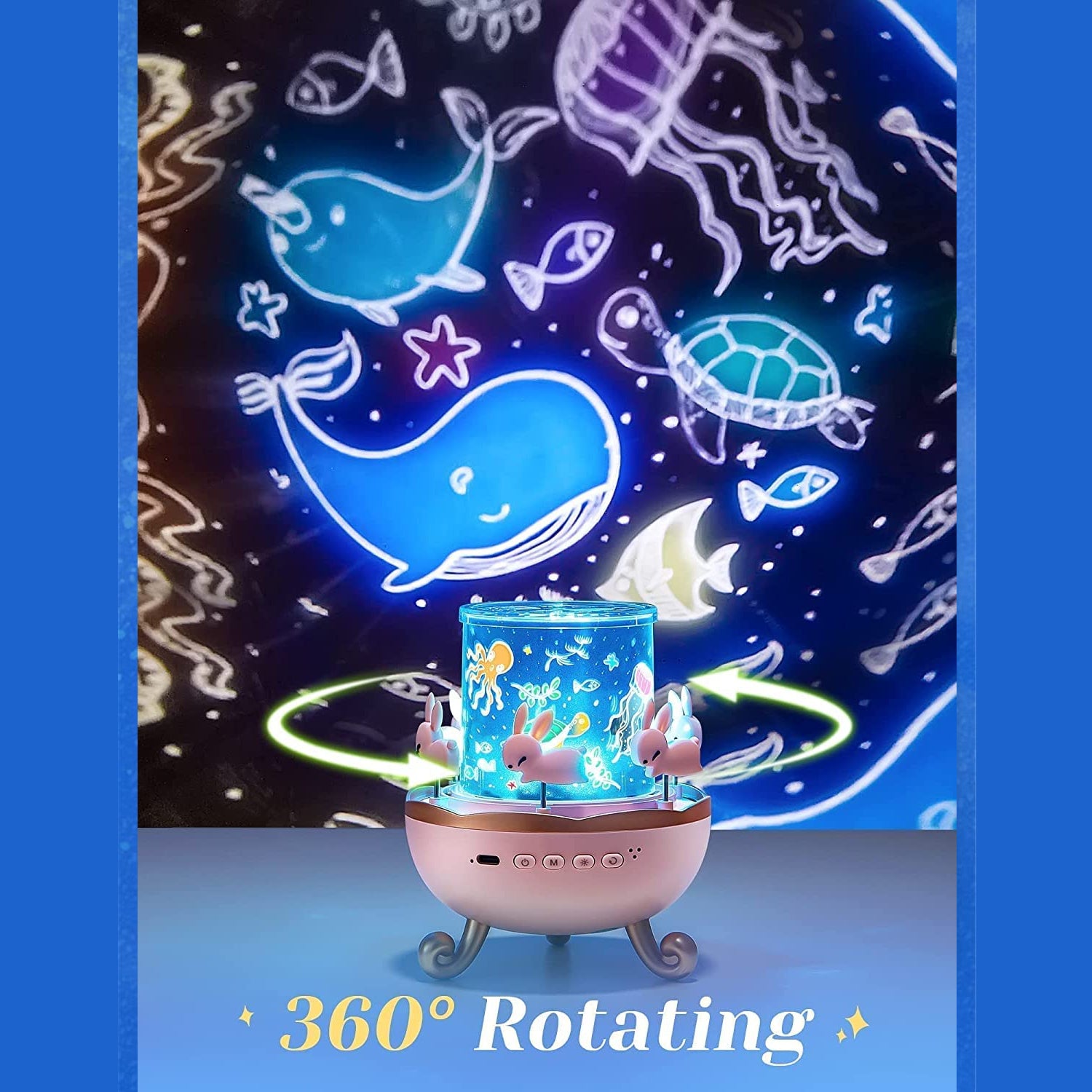 Wukusy Bunny's Carousel rotating LED night light, home decor with bunny design and colorful lights, suitable for children's rooms.