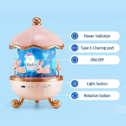 Wukusy Bunny's Carousel rotating LED night light as a charming home decor piece with colorful bunny design and soft lighting.