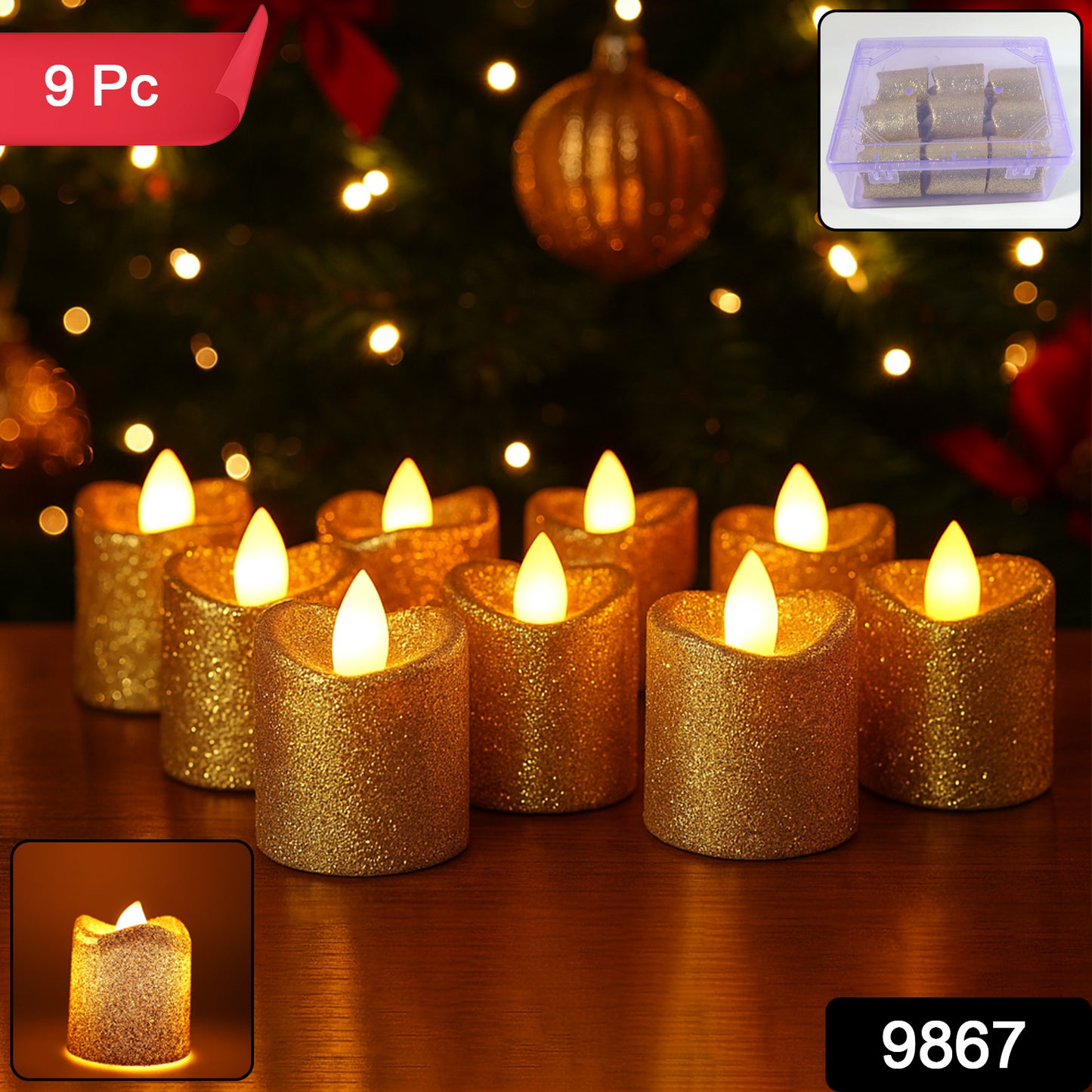 Set of 9 Wukusy Christmas premium glitter LED tealight candles, festive home decor with shimmering glitter finish.
