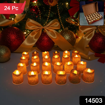 Set of 24 Wukusy Christmas glitter LED tealight candles, flameless decorative lights for festive home decor.
