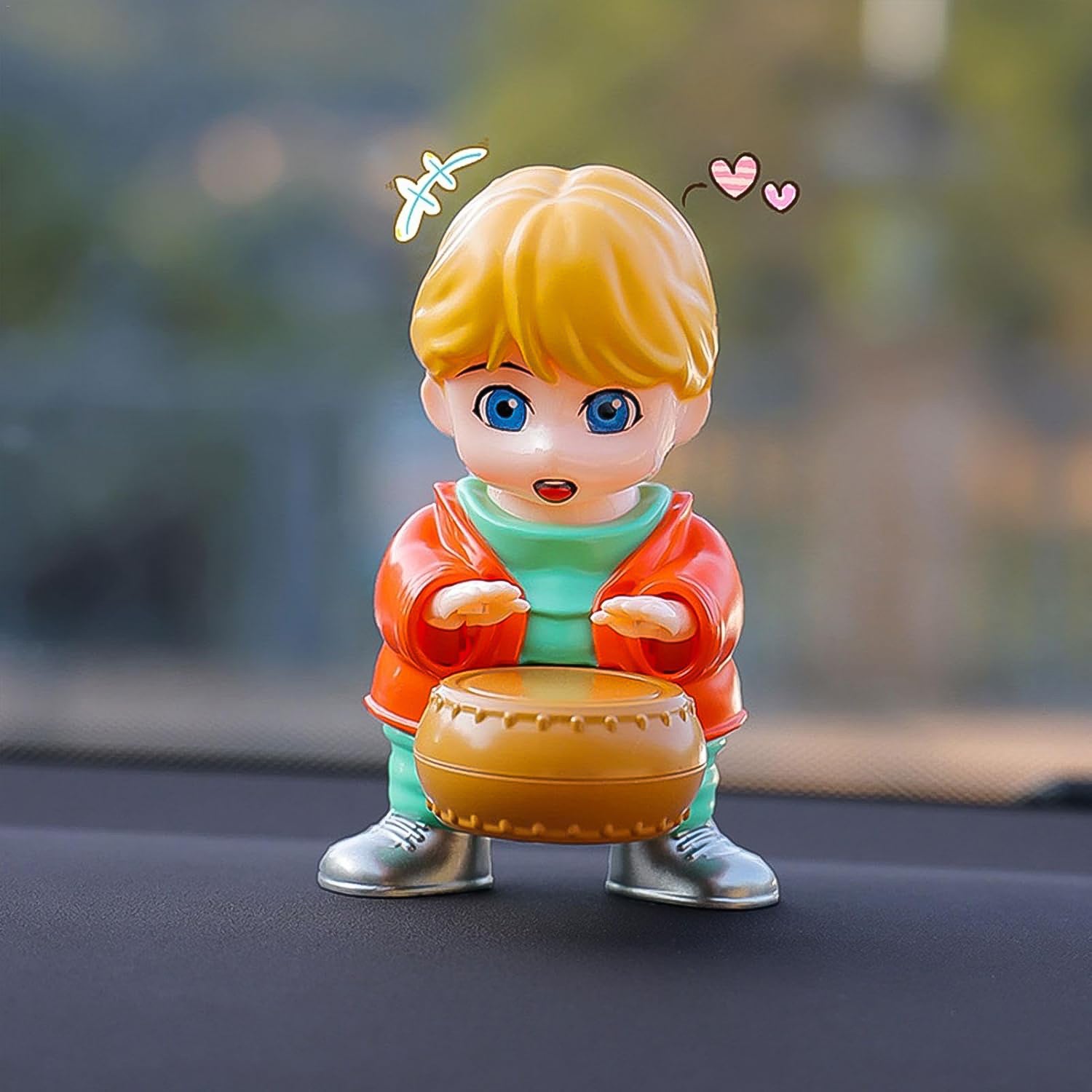 Wukusy creative solar drummer car air freshener hanging from a car interior, designed for aromatherapy and solar-powered decoration.