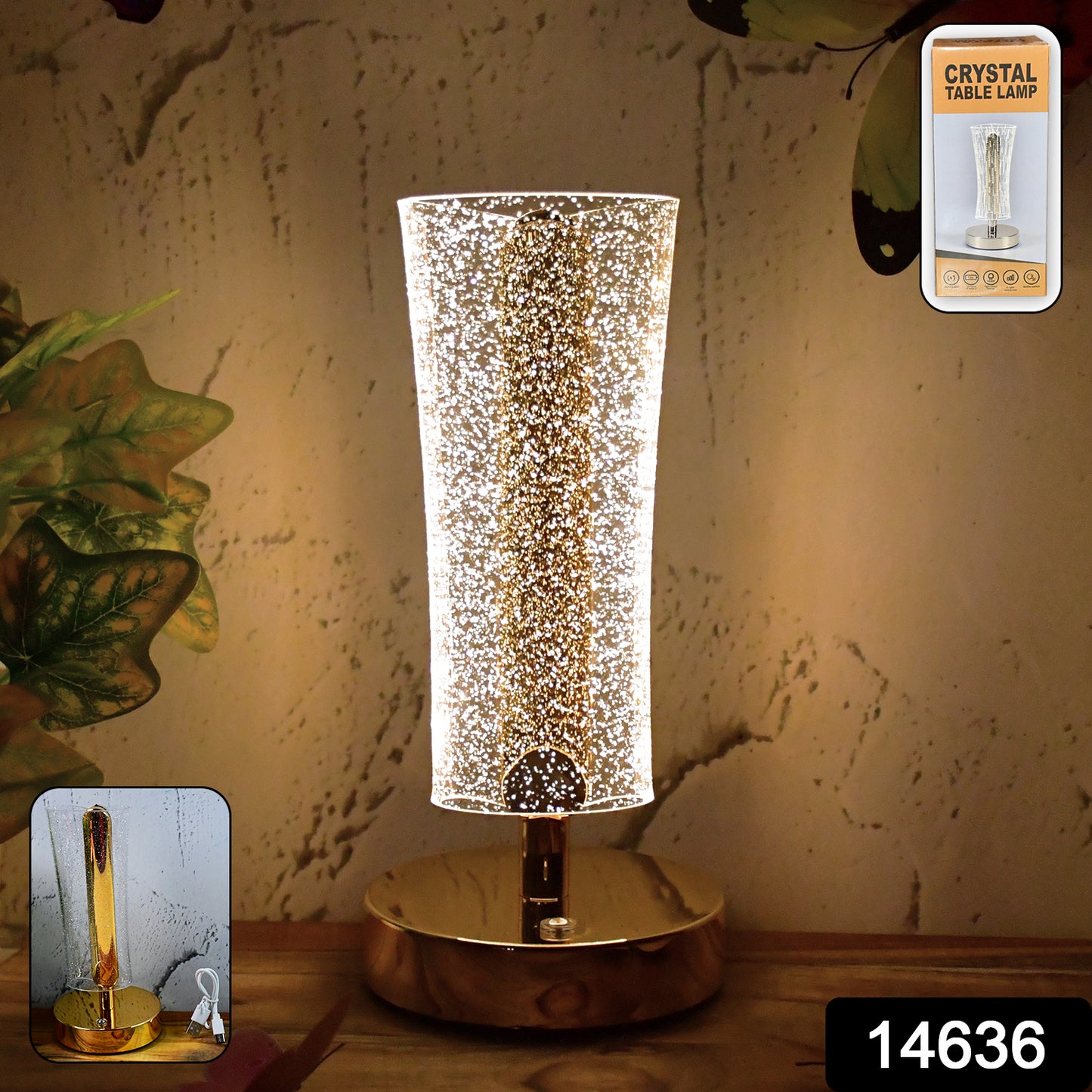 Wukusy crystal table lamp with sparkle design, golden base, LED lighting, perfect for decorative bedside or home decor.