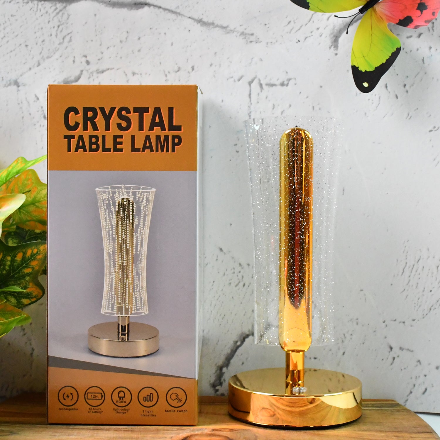 Wukusy crystal table lamp with sparkle design and golden base, LED decorative bedside lamp for elegant home decor.