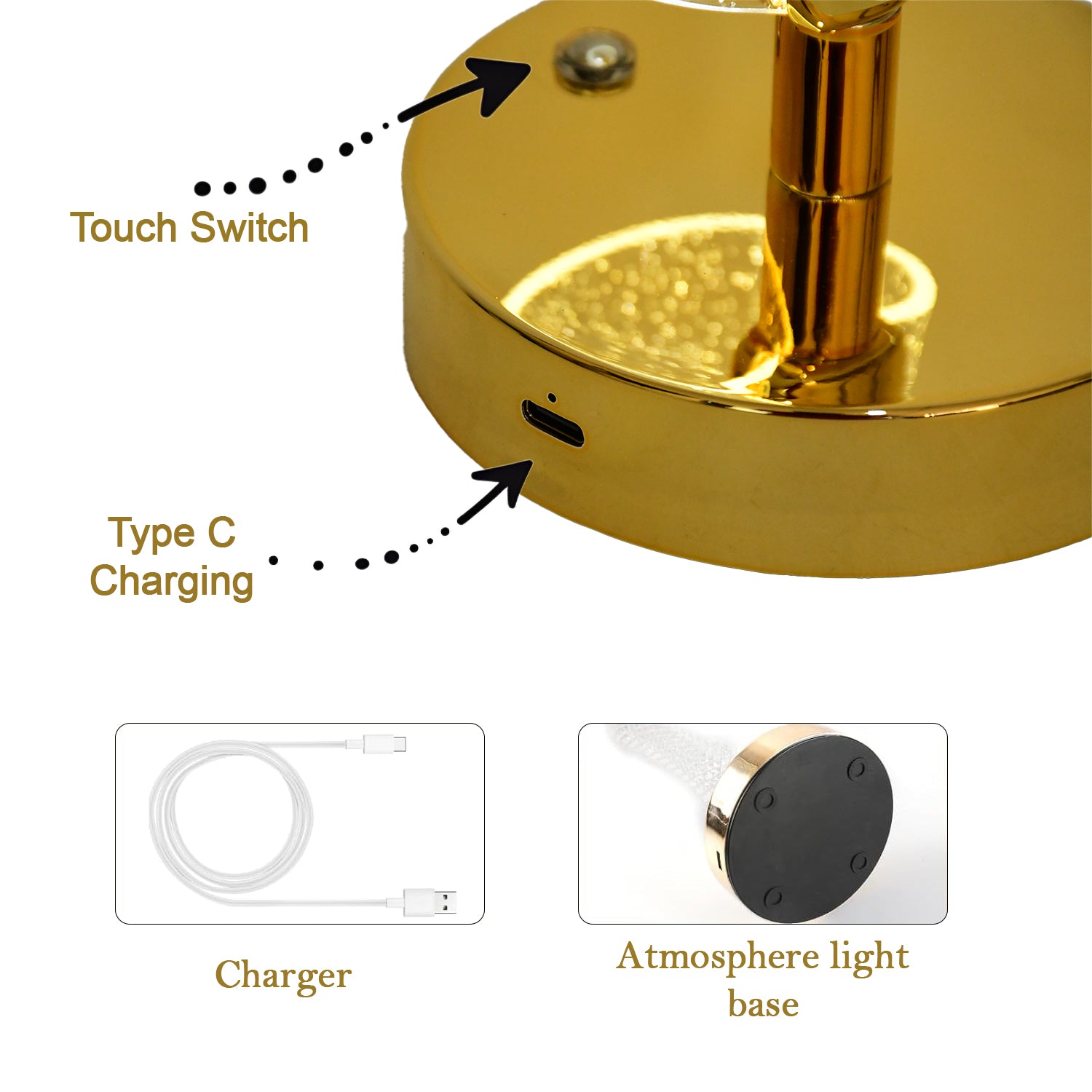 Wukusy crystal table lamp with sparkle design, golden base, LED lighting, ideal for decorative bedside or home decor.