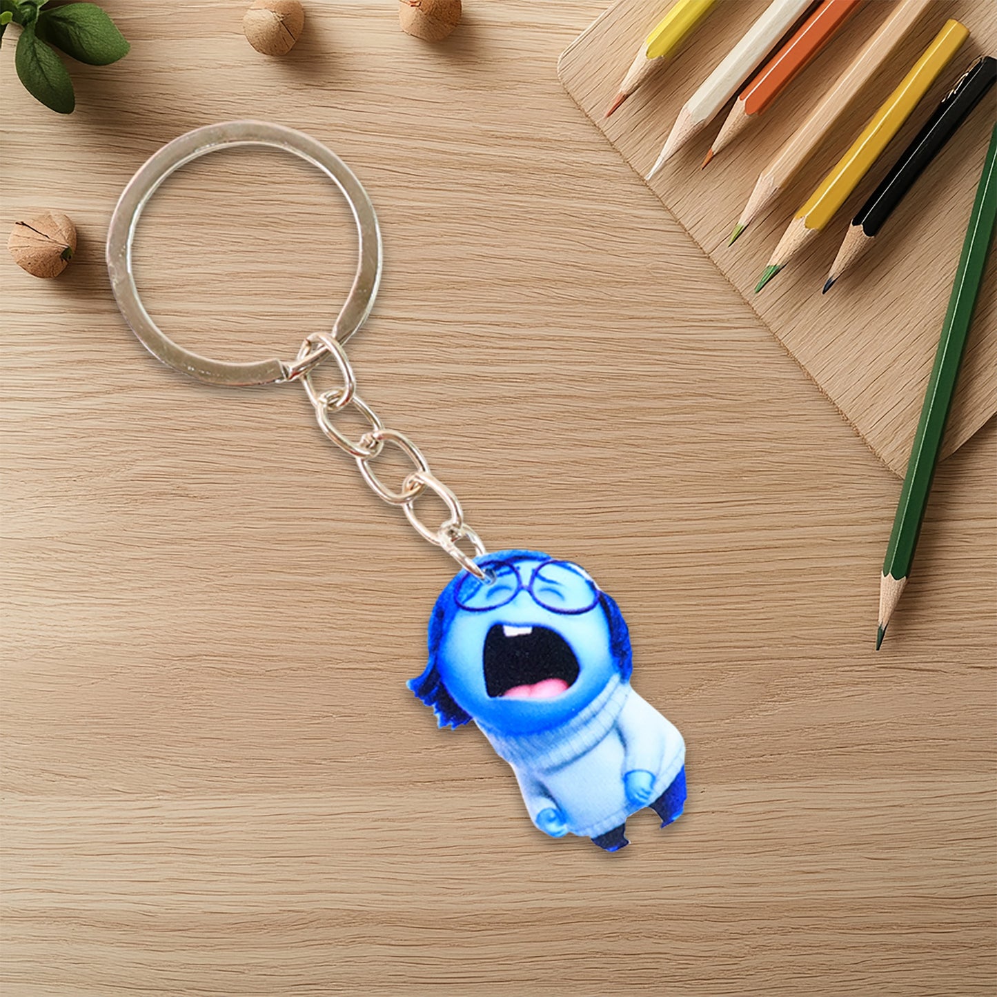 Wukusy cute cartoon girl keychain for kids' bags and stationery, featuring colorful character design and playful details.